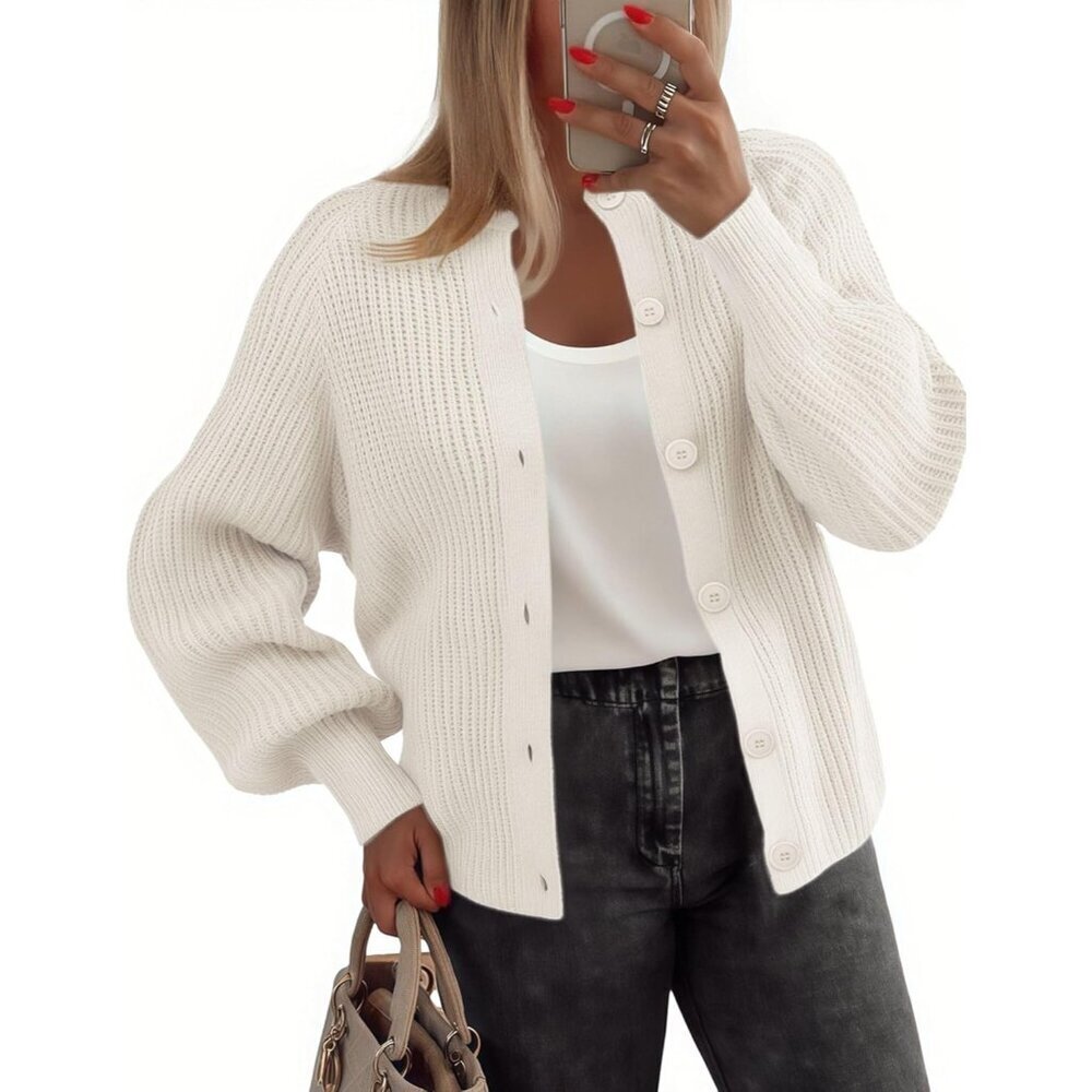 Women's Chunky Knit Cardigan Sweater Long Sleeve Crew Neck Fall Fashion